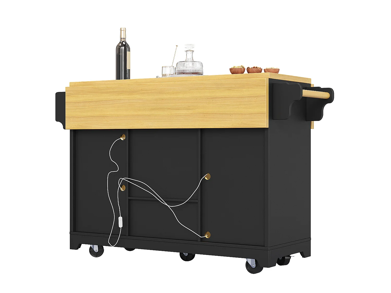 Îlot de cuisine avec éclairage LED et casier à vin mobile - Noir