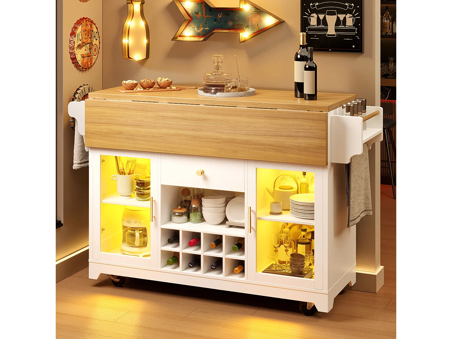 Îlot de cuisine avec éclairage LED et casier à vin mobile - Blanc