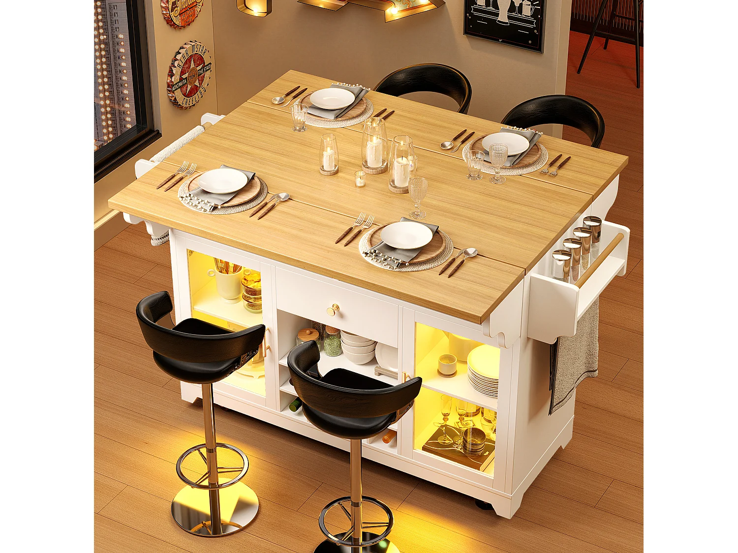 Îlot de cuisine avec éclairage LED et casier à vin mobile - Blanc