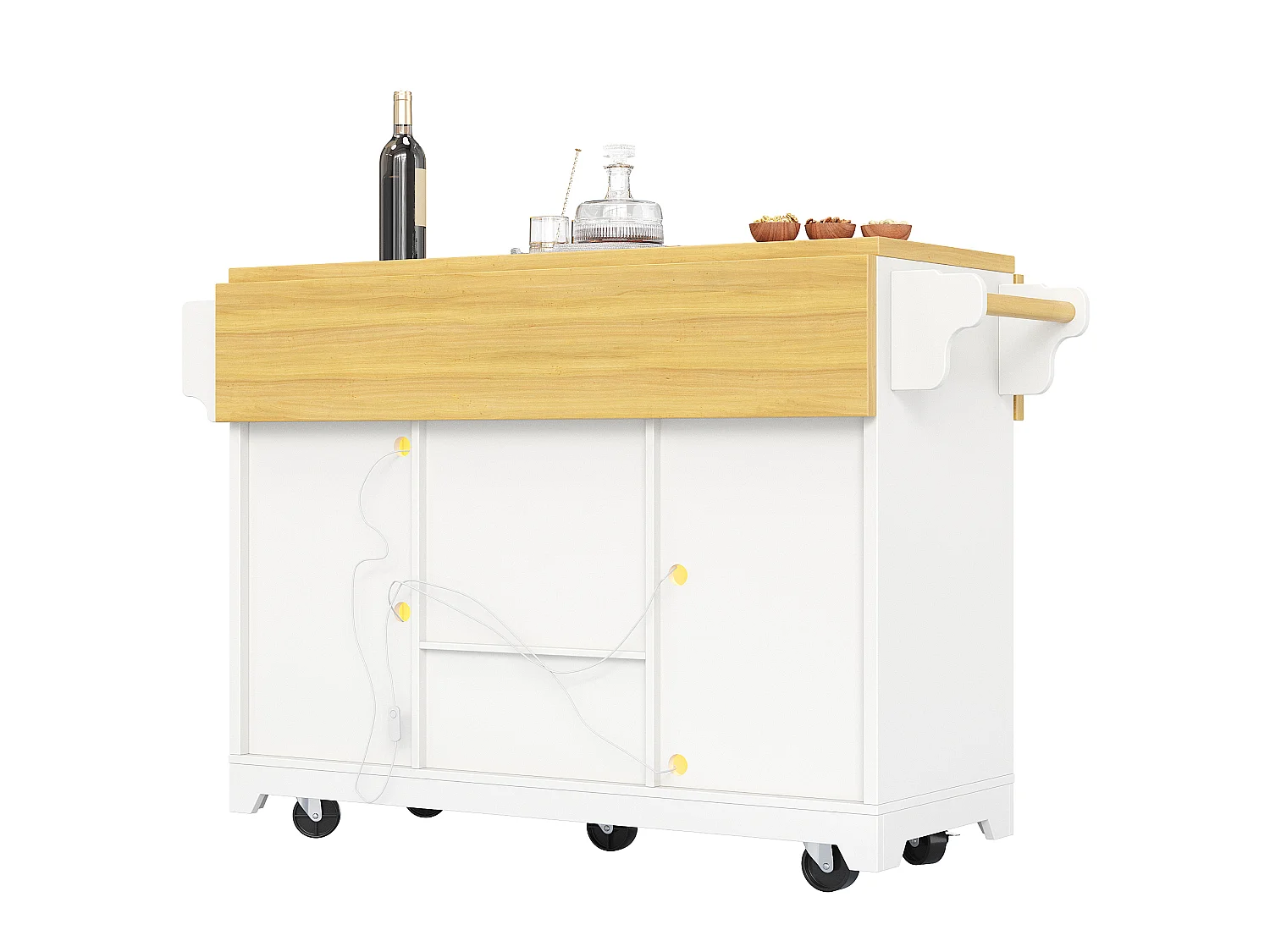 Îlot de cuisine avec éclairage LED et casier à vin mobile - Blanc