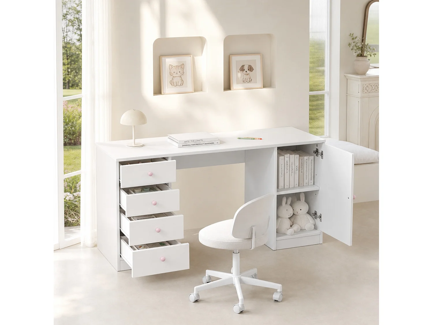 Bureau avec 4 tiroirs et poignées en céramique rose - Blanc 155 x 45 x 75 cm