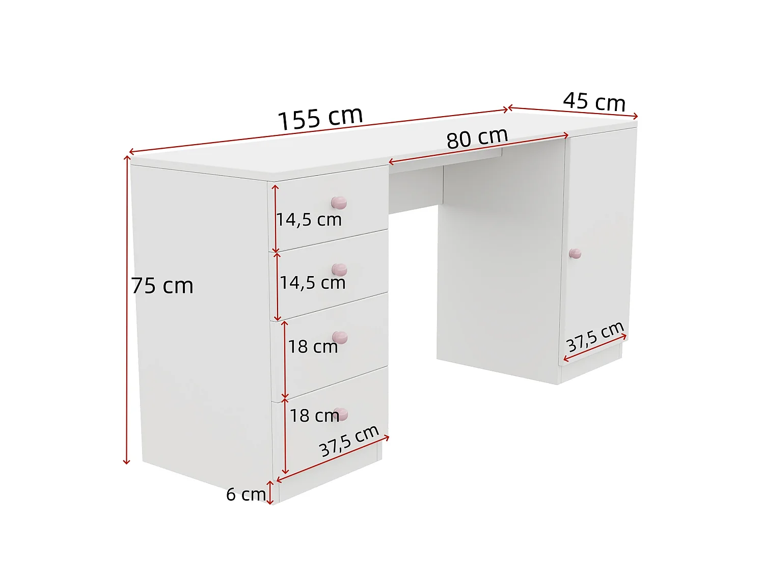 Bureau avec 4 tiroirs et poignées en céramique rose - Blanc 155 x 45 x 75 cm