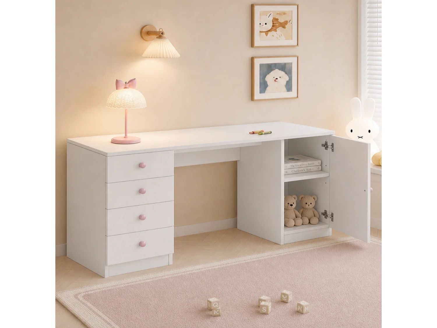Bureau avec 4 tiroirs et poignées en céramique rose - Blanc 155 x 45 x 75 cm