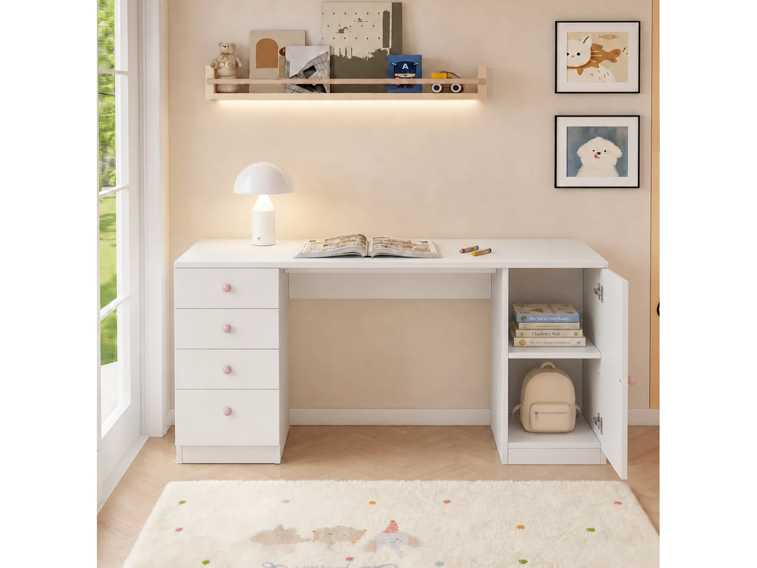 Bureau avec 4 tiroirs et poignées en céramique rose - Blanc 155 x 45 x 75 cm