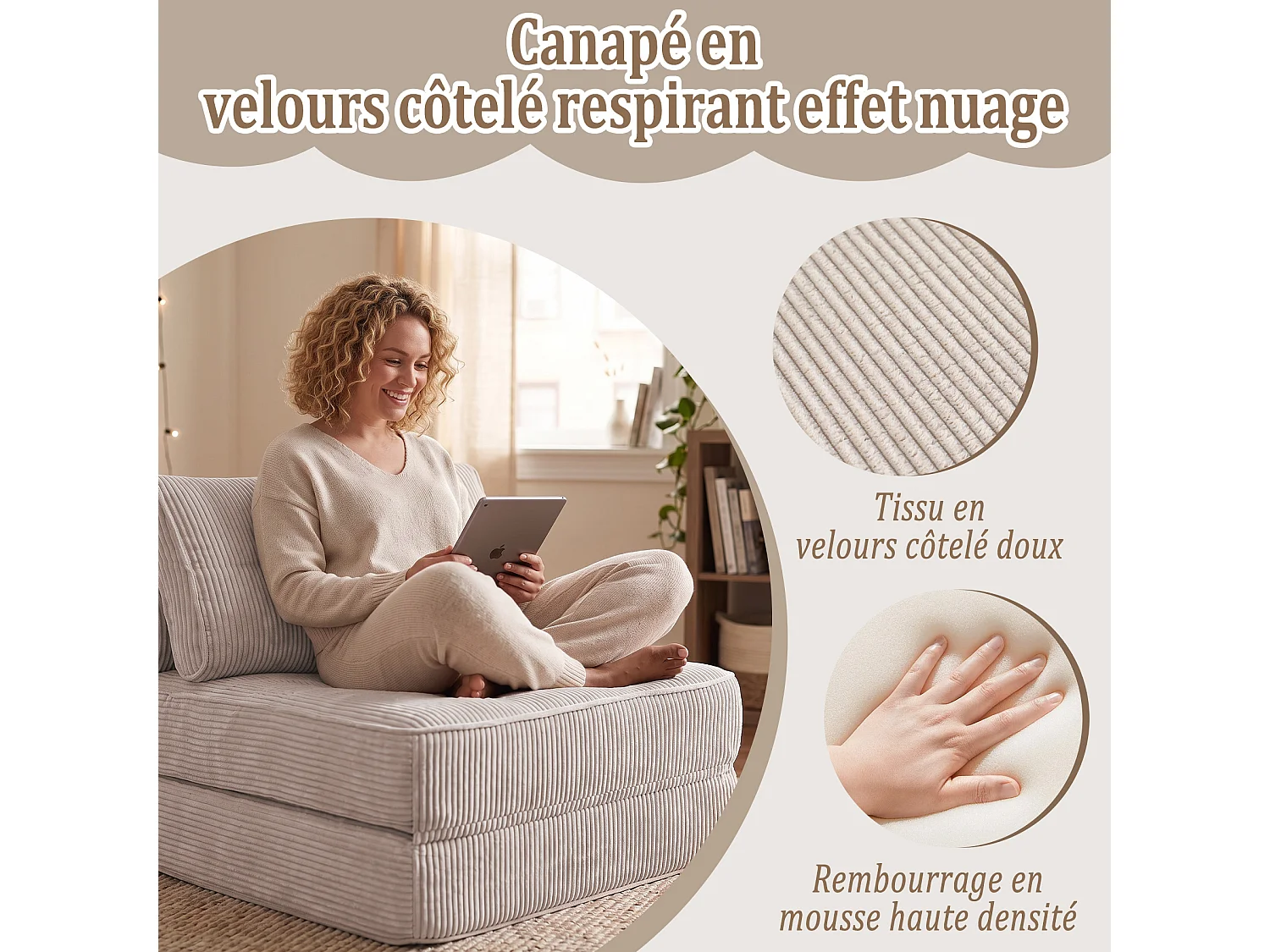 HomeMiYN Fauteuil relax cocooning avec ressorts ensachés, fauteuil confortable en tissu côtelé, chaise lounge compacte pour salon