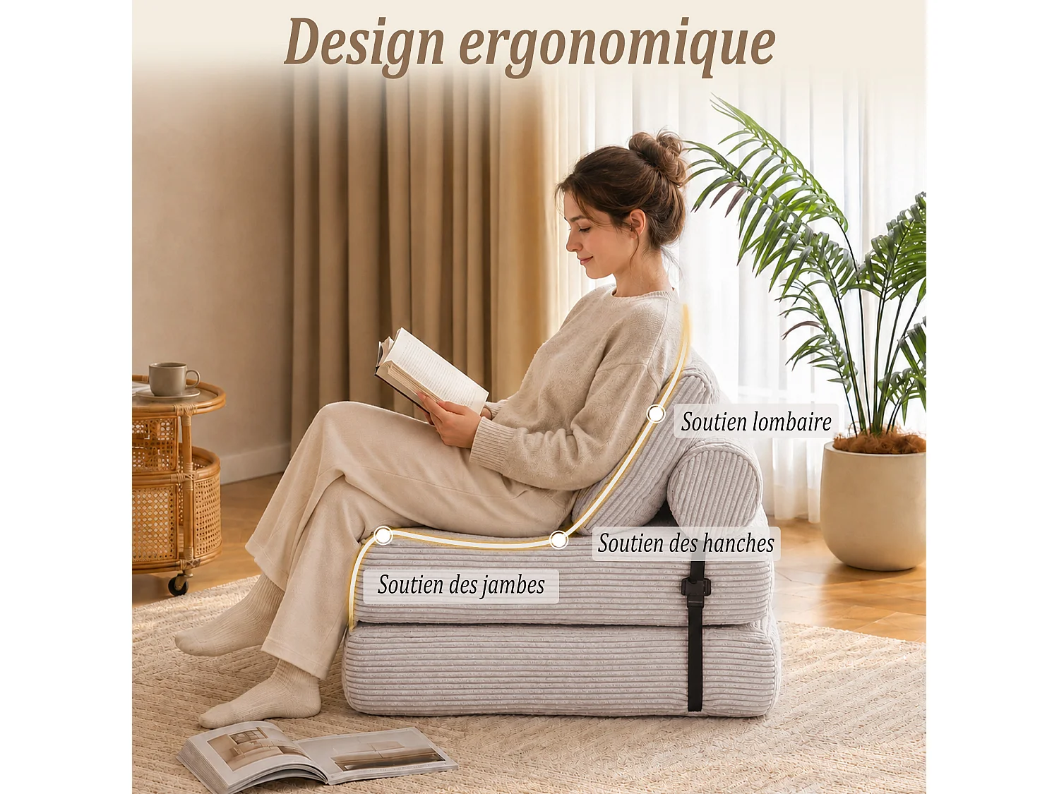 HomeMiYN Fauteuil relax cocooning avec ressorts ensachés, fauteuil confortable en tissu côtelé, chaise lounge compacte pour salon