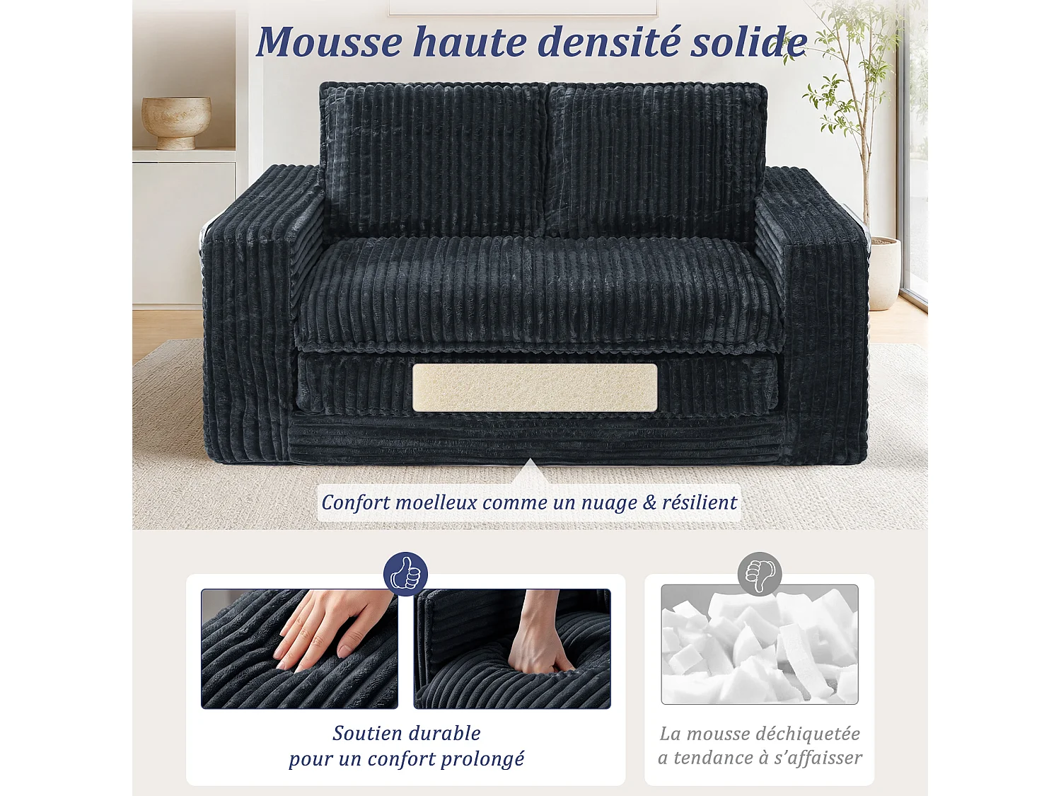 HomeMiYN Canapé convertible 2 places, canapé lit avec mousse haute densité, canapé confortable sans montage