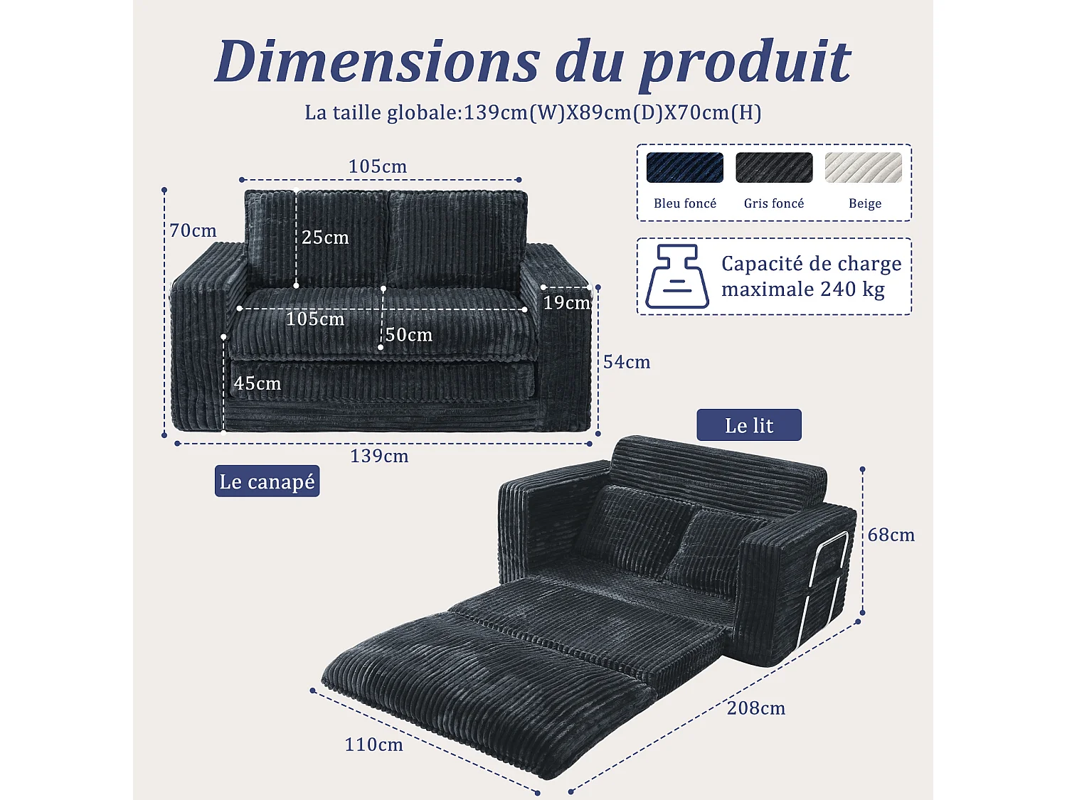HomeMiYN Canapé convertible 2 places, canapé lit avec mousse haute densité, canapé confortable sans montage