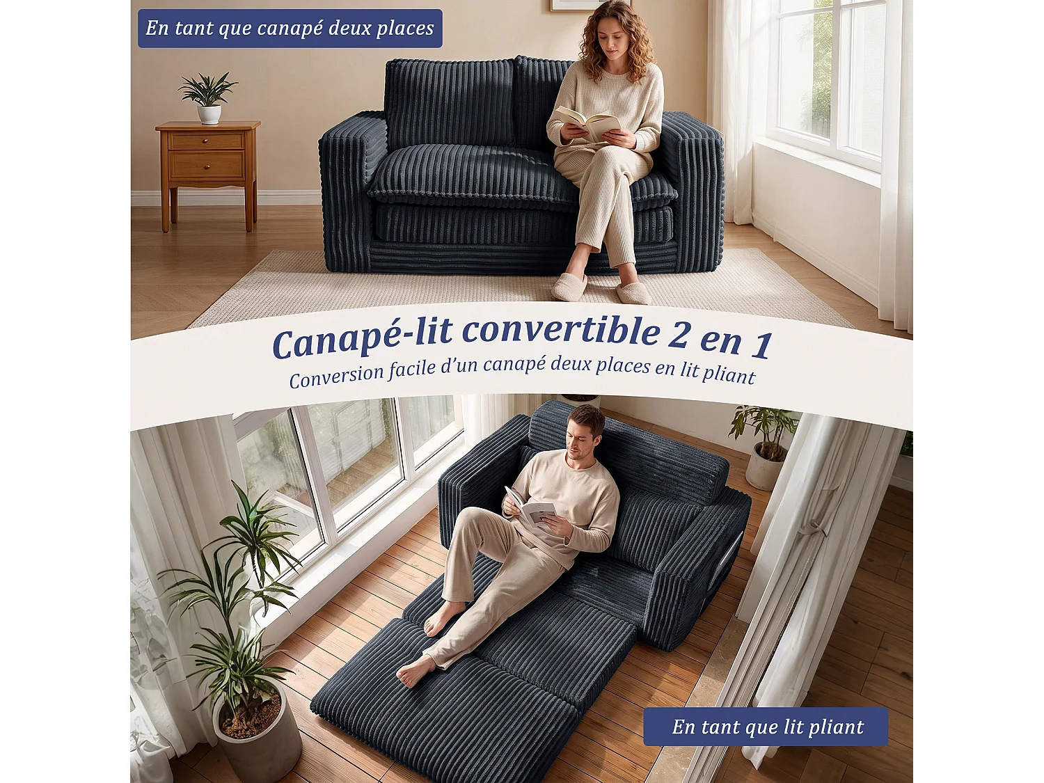 HomeMiYN Canapé convertible 2 places, canapé lit avec mousse haute densité, canapé confortable sans montage