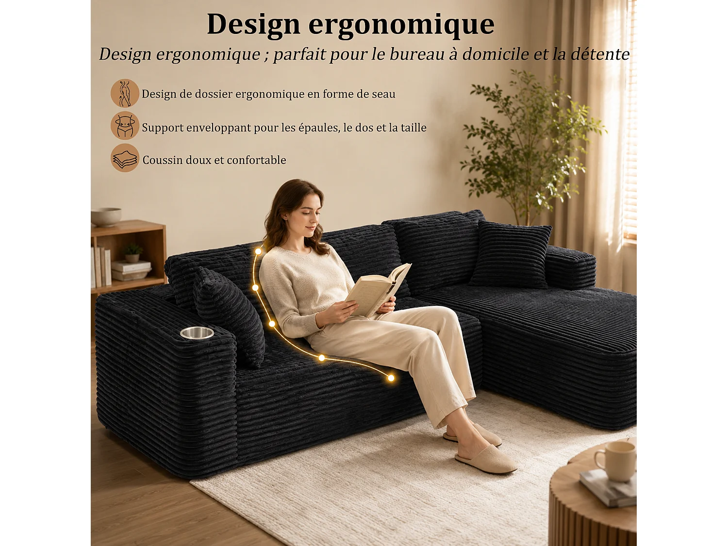 HomeMiYN Sofá esquinero, sofá lounge modular de pana con asiento profundo