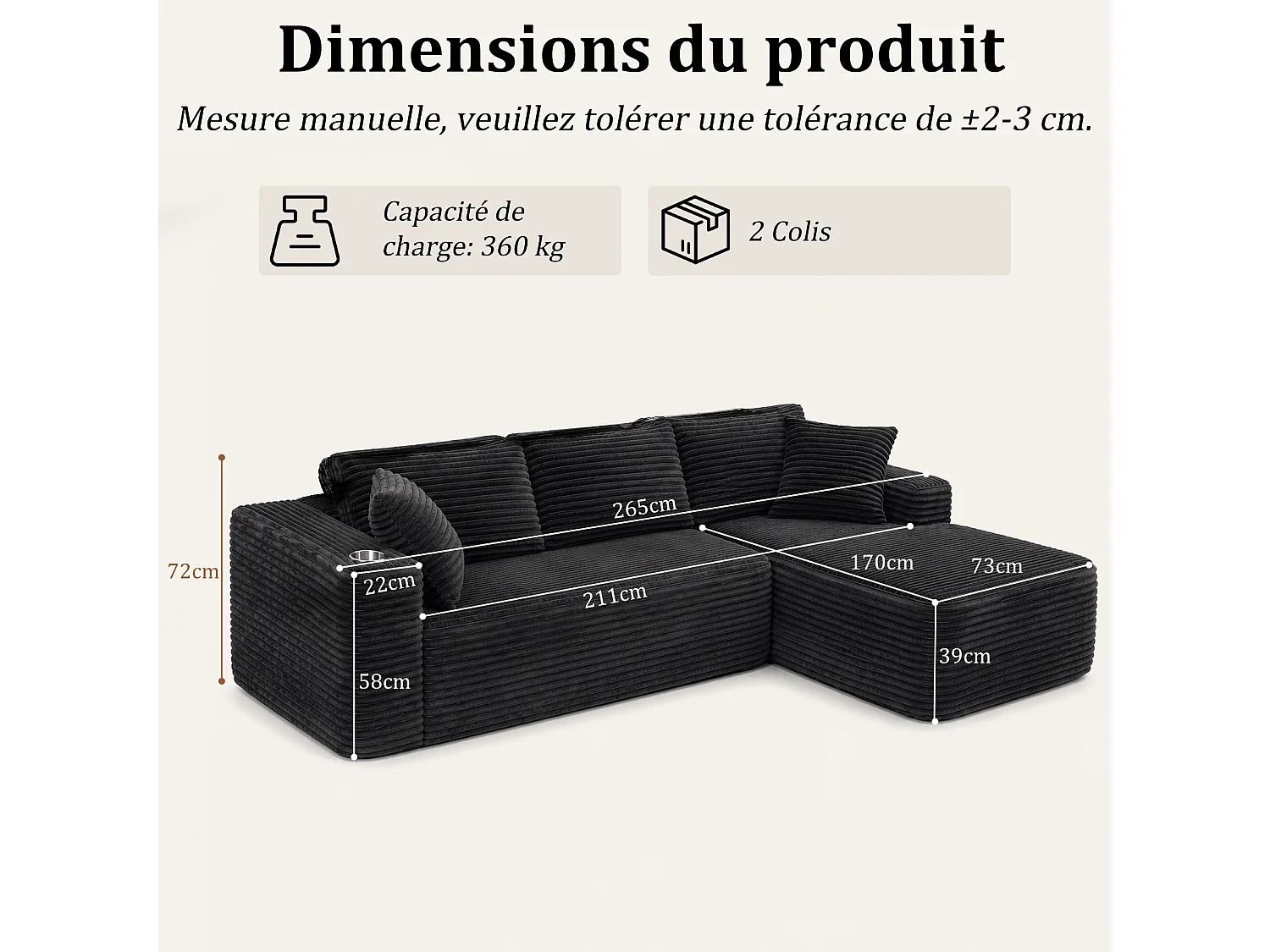 HomeMiYN Sofá esquinero, sofá lounge modular de pana con asiento profundo