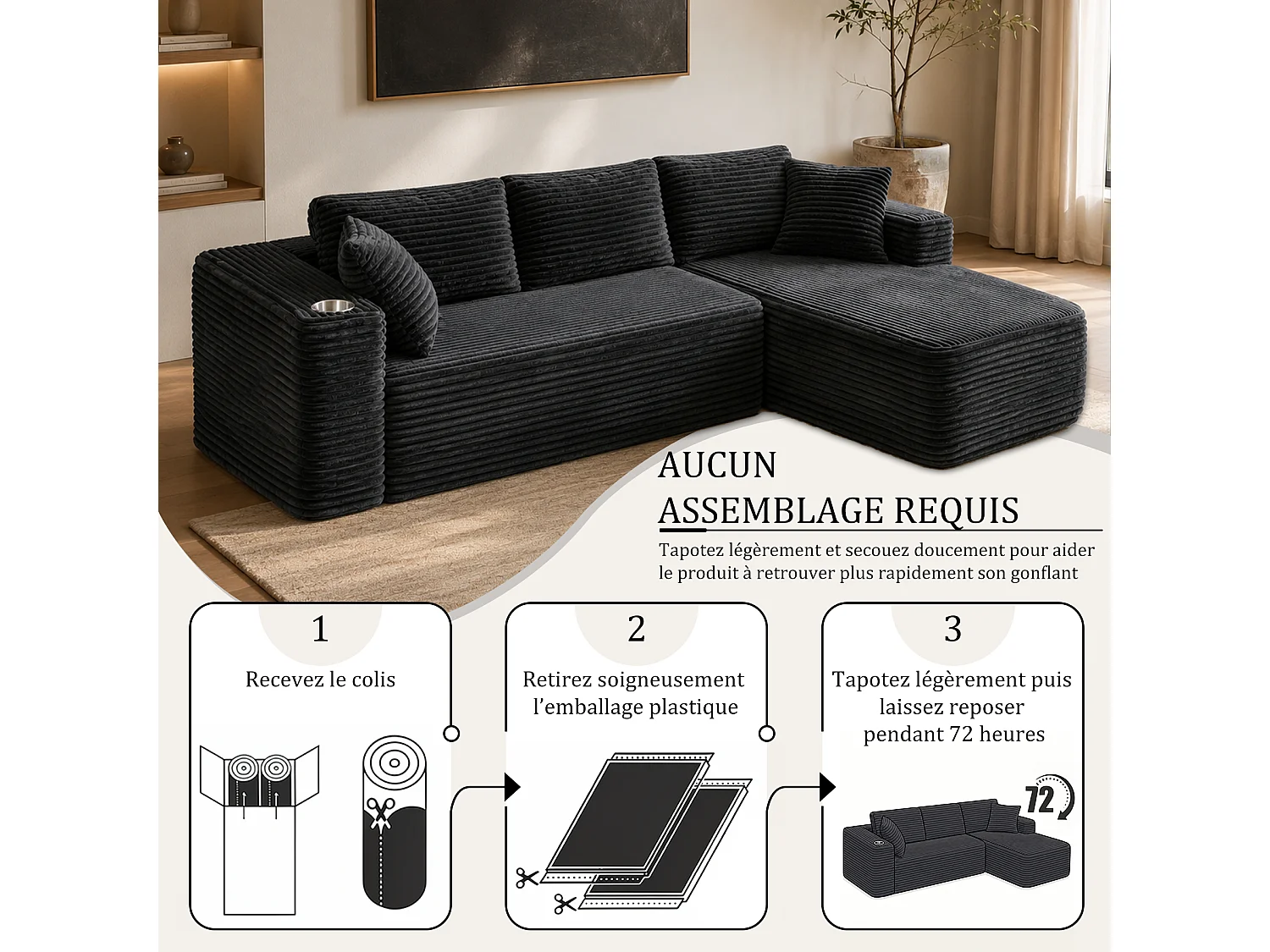 HomeMiYN Sofá esquinero, sofá lounge modular de pana con asiento profundo