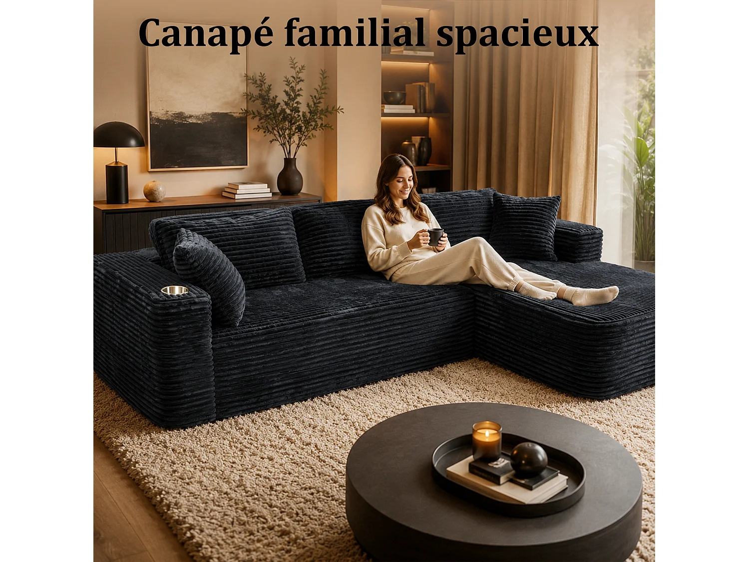 HomeMiYN Sofá esquinero, sofá lounge modular de pana con asiento profundo