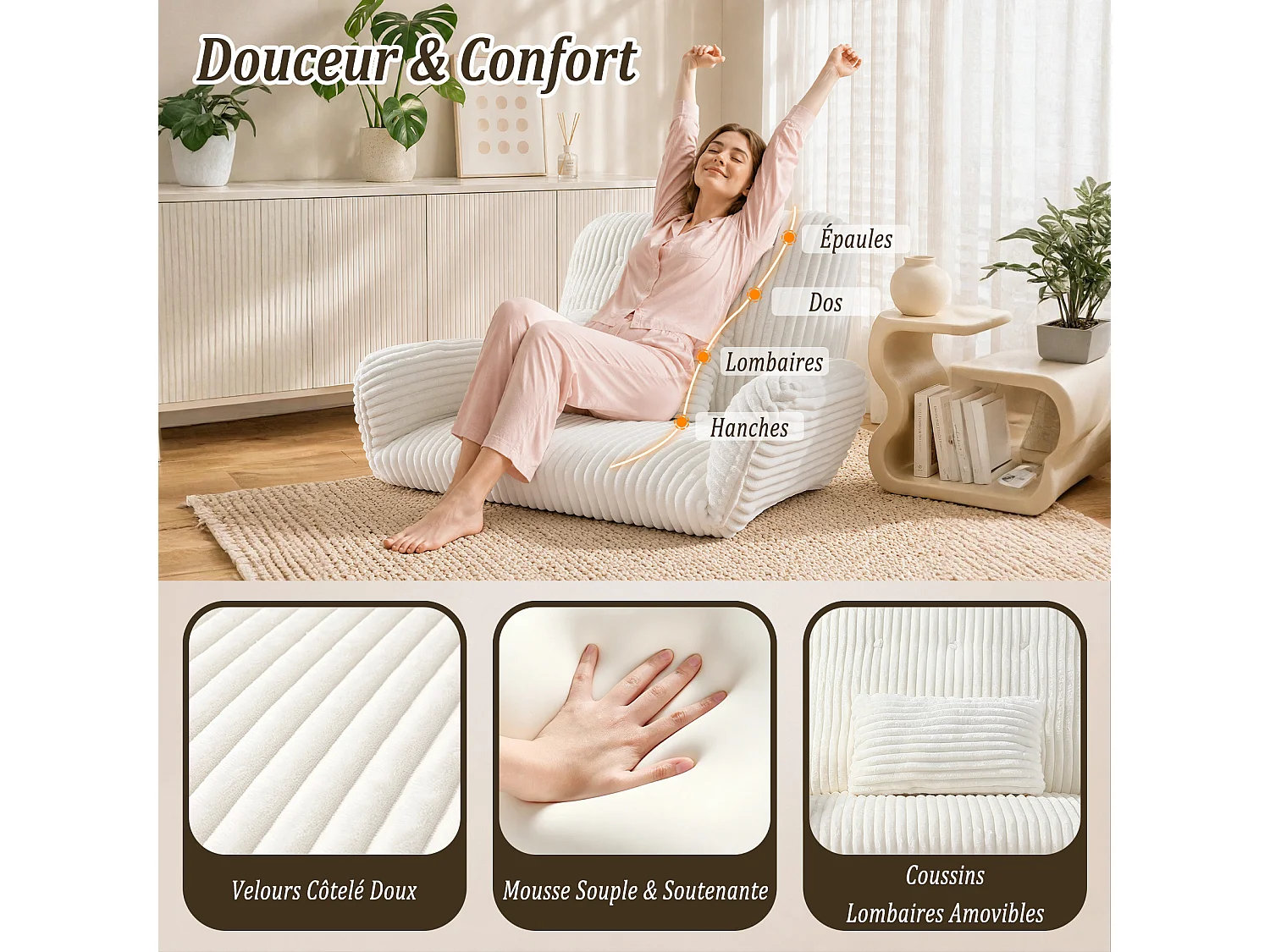 HomeMiYN 3-in-1 relaxbank met verstelbare rugleuning, omvormbare lounge bank tot chaise longue, zachte ribstof en hoogwaardig veerkrachtig schuim, comfortabele bank