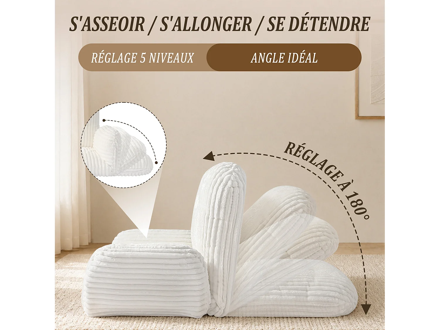 HomeMiYN 3-in-1 relaxbank met verstelbare rugleuning, omvormbare lounge bank tot chaise longue, zachte ribstof en hoogwaardig veerkrachtig schuim, comfortabele bank