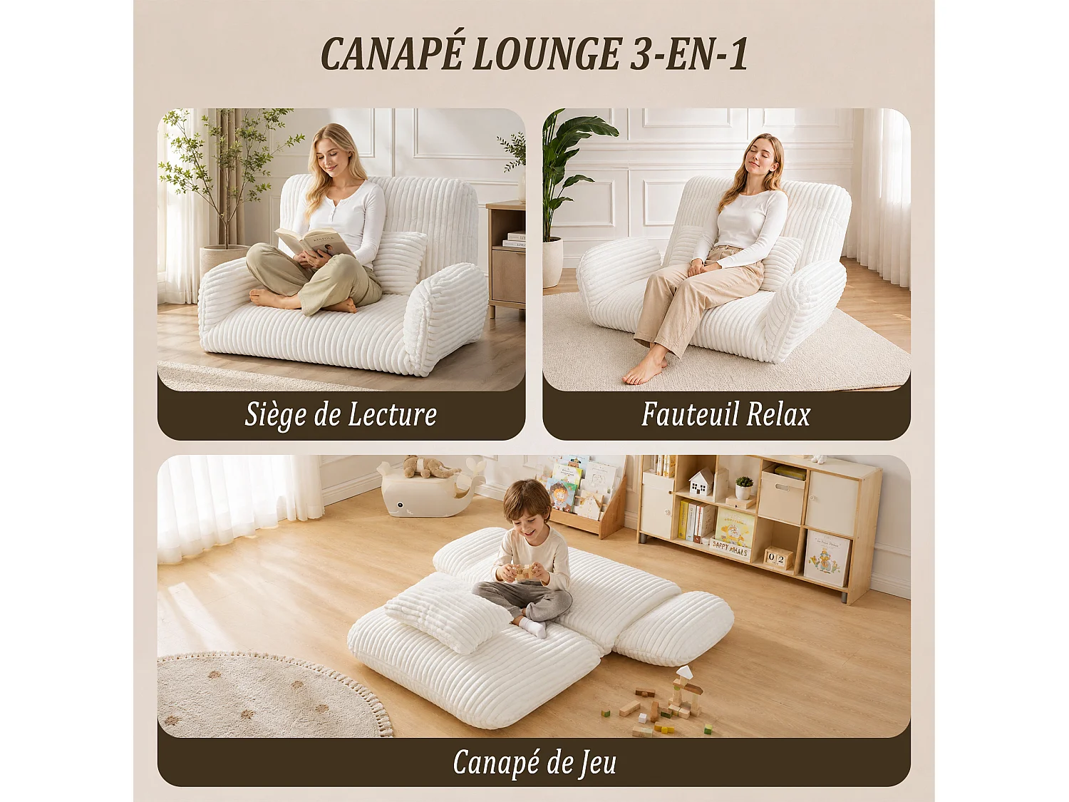 HomeMiYN 3-in-1 relaxbank met verstelbare rugleuning, omvormbare lounge bank tot chaise longue, zachte ribstof en hoogwaardig veerkrachtig schuim, comfortabele bank