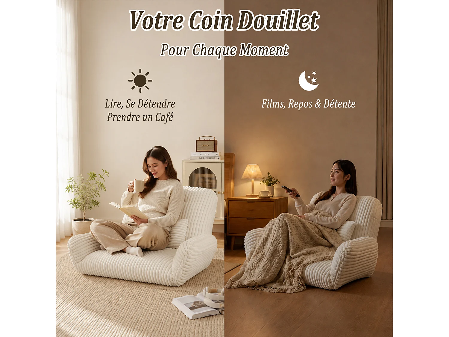 HomeMiYN 3-in-1 relaxbank met verstelbare rugleuning, omvormbare lounge bank tot chaise longue, zachte ribstof en hoogwaardig veerkrachtig schuim, comfortabele bank