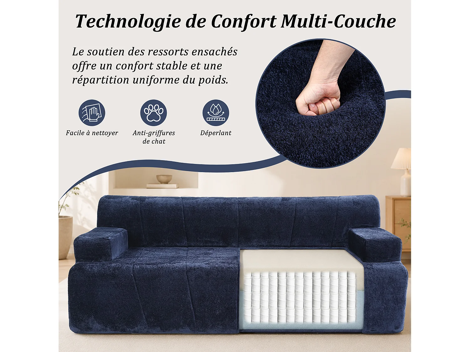 HomeMiYN Canapé 3 places, banquette lounge avec assise profonde et rembourrage en mousse