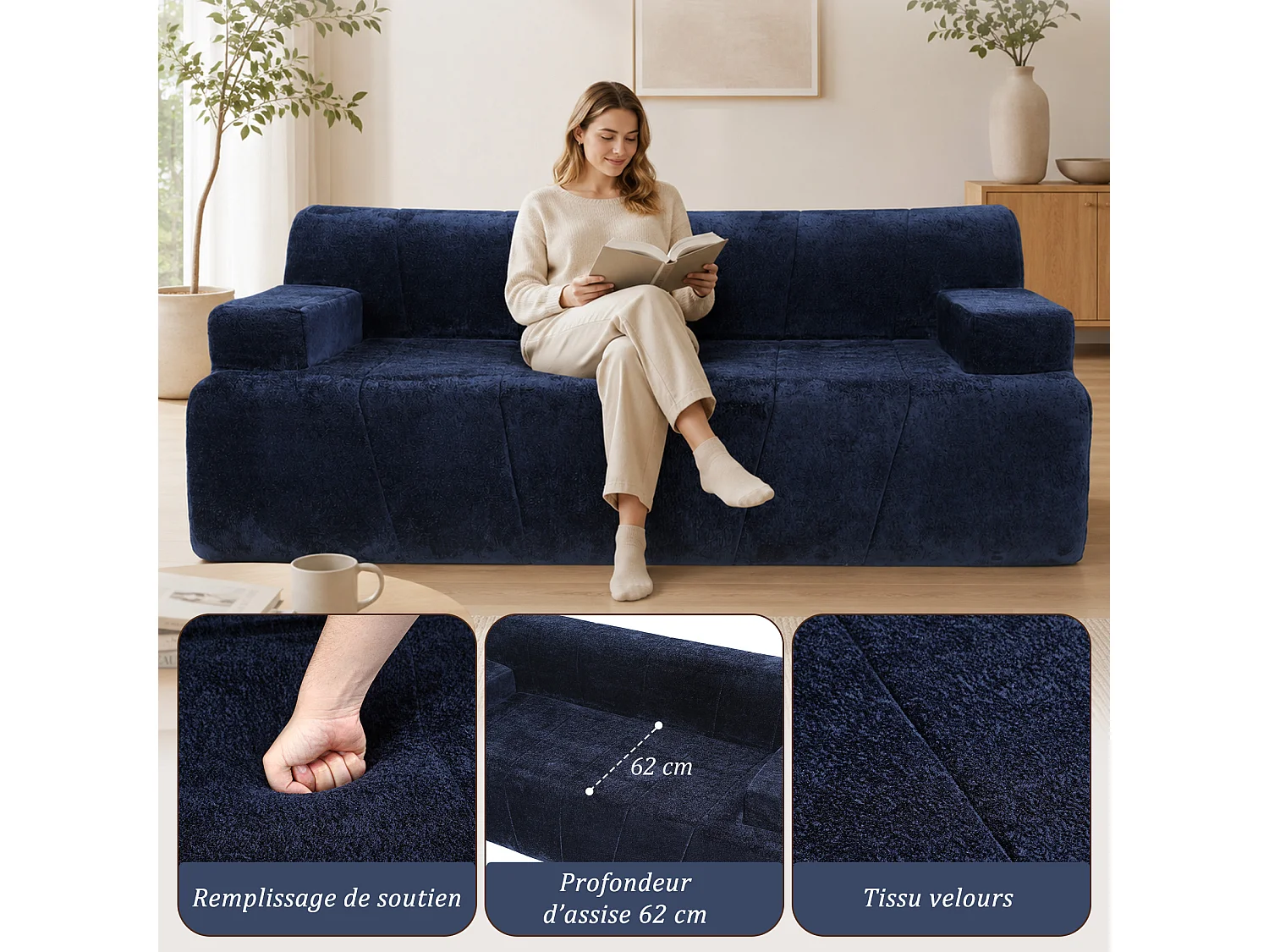 HomeMiYN Canapé 3 places, banquette lounge avec assise profonde et rembourrage en mousse