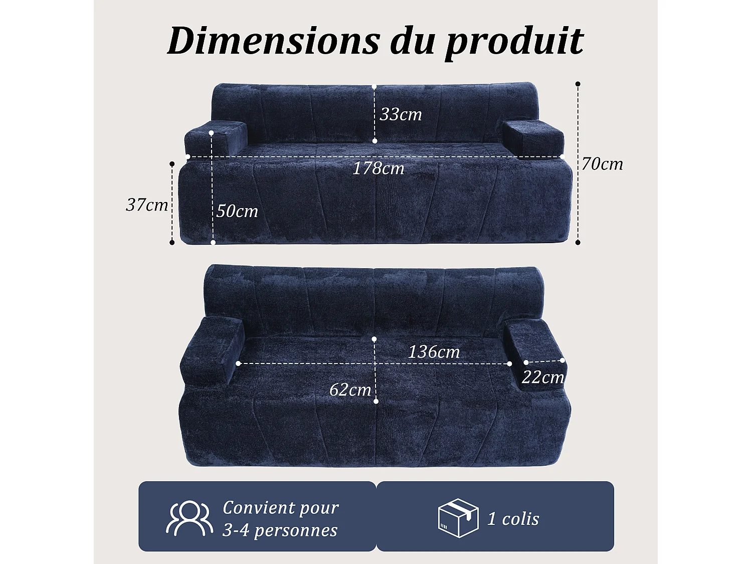 HomeMiYN Canapé 3 places, banquette lounge avec assise profonde et rembourrage en mousse