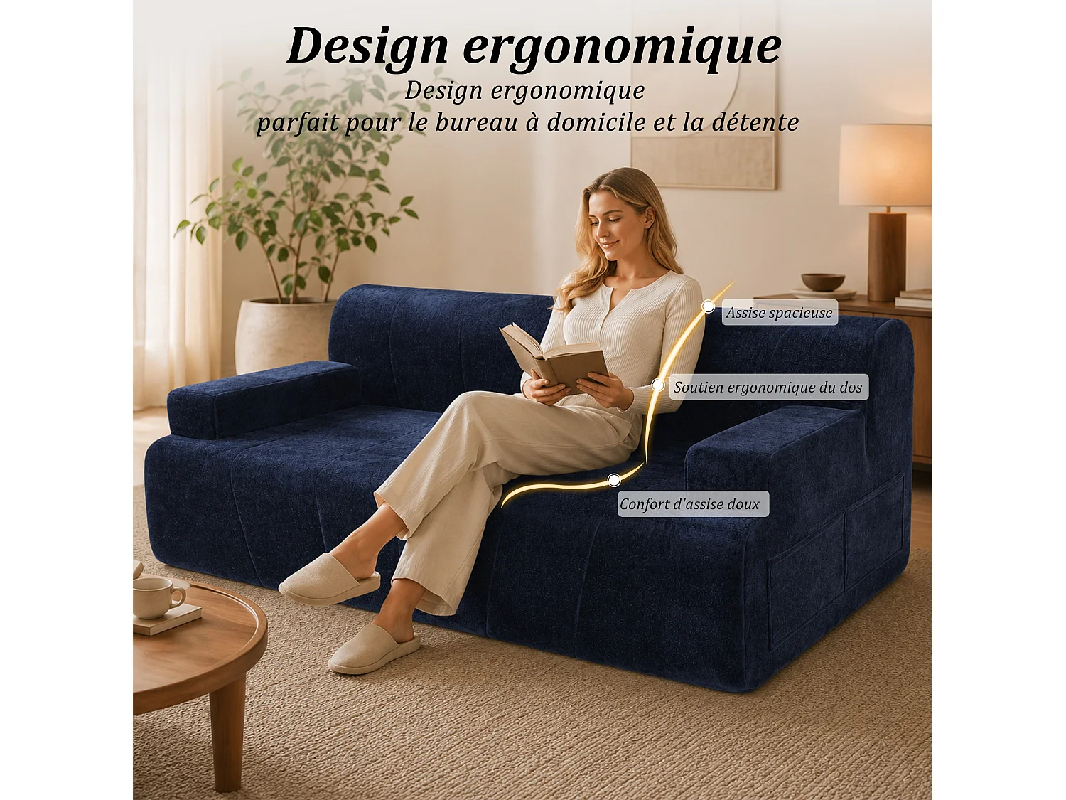 HomeMiYN Canapé 3 places, banquette lounge avec assise profonde et rembourrage en mousse