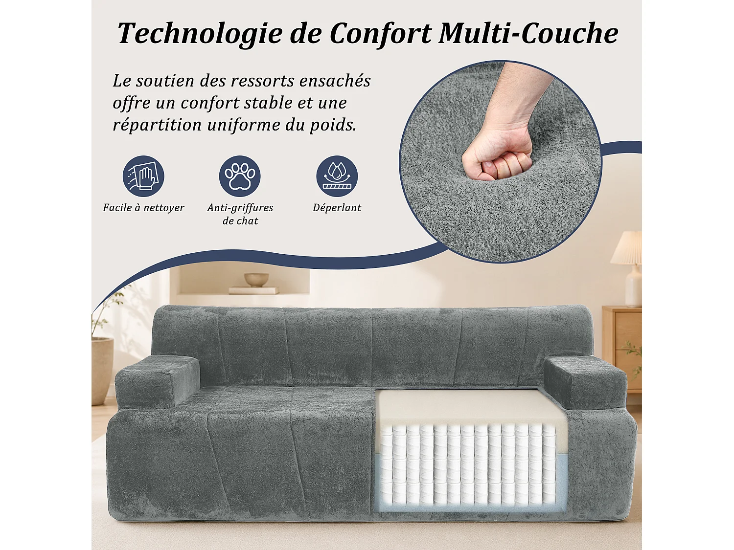 HomeMiYN Canapé 3 places, banquette lounge avec assise profonde et rembourrage en mousse