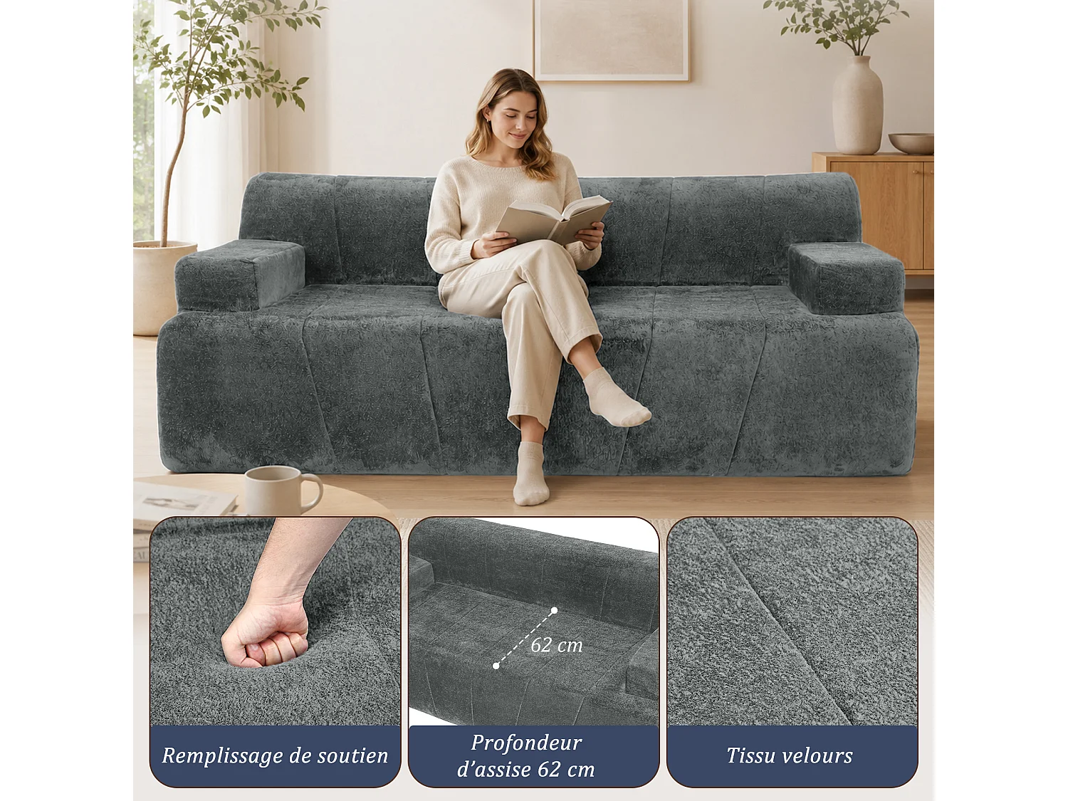 HomeMiYN Canapé 3 places, banquette lounge avec assise profonde et rembourrage en mousse