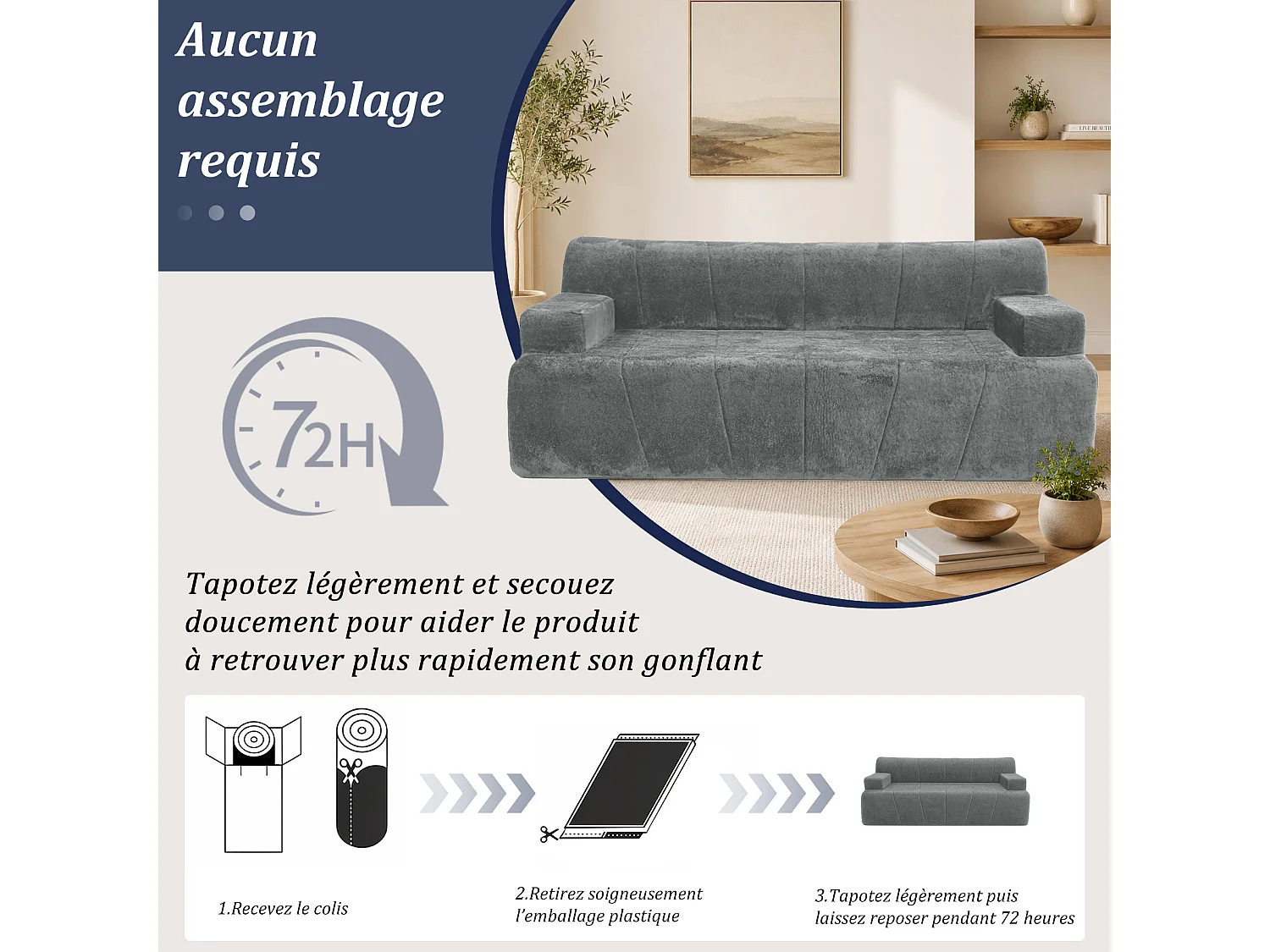HomeMiYN Canapé 3 places, banquette lounge avec assise profonde et rembourrage en mousse