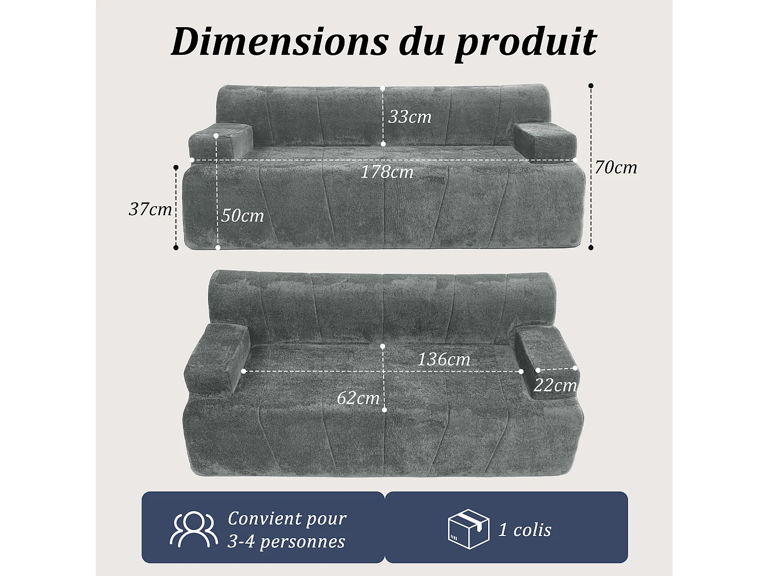HomeMiYN Canapé 3 places, banquette lounge avec assise profonde et rembourrage en mousse