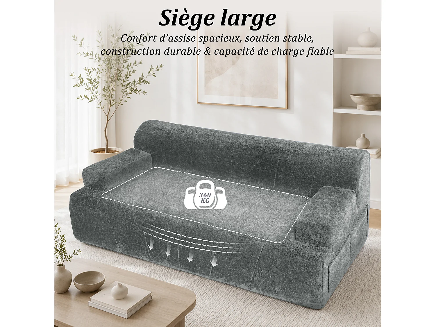 HomeMiYN Canapé 3 places, banquette lounge avec assise profonde et rembourrage en mousse