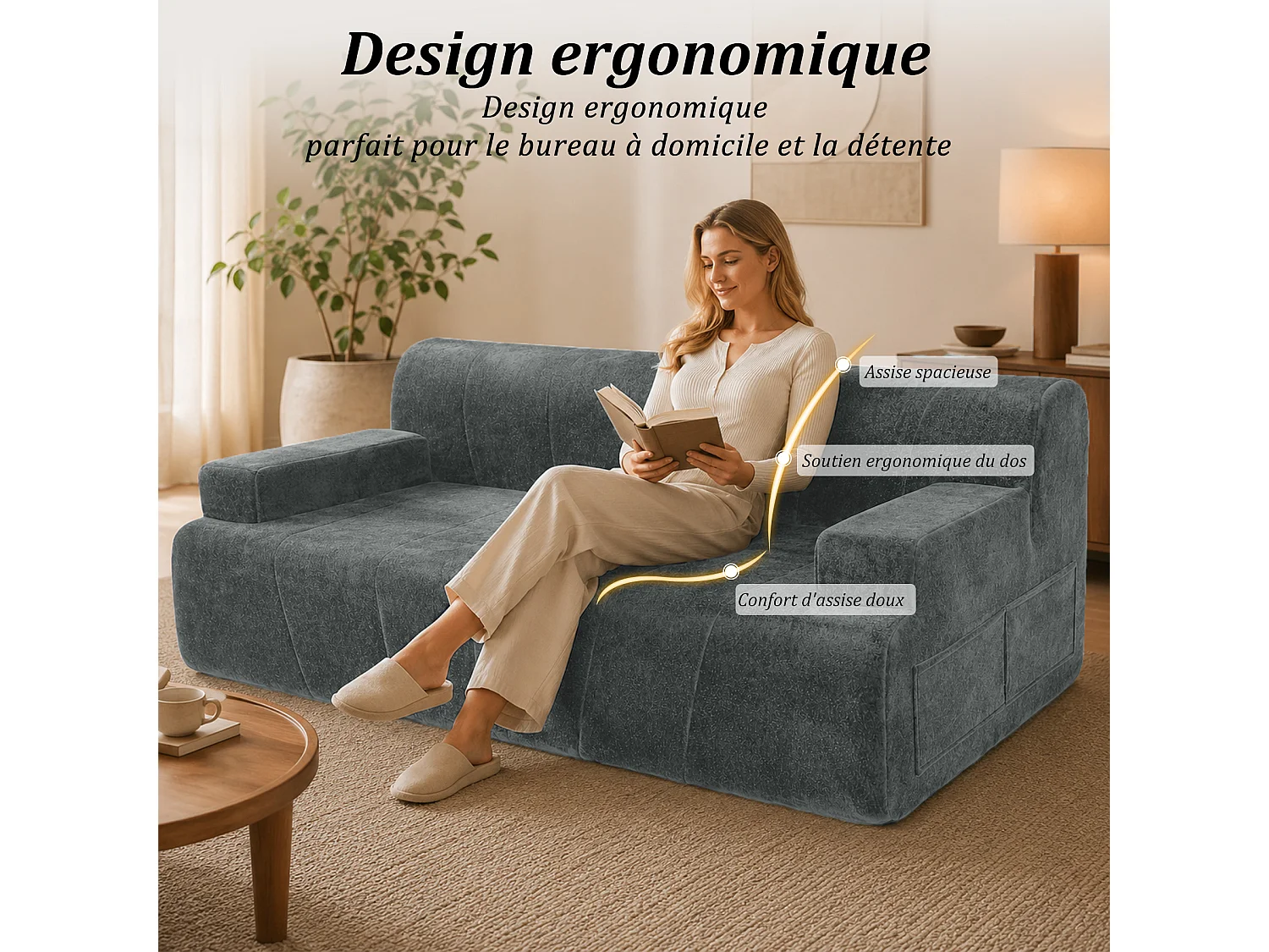 HomeMiYN Canapé 3 places, banquette lounge avec assise profonde et rembourrage en mousse
