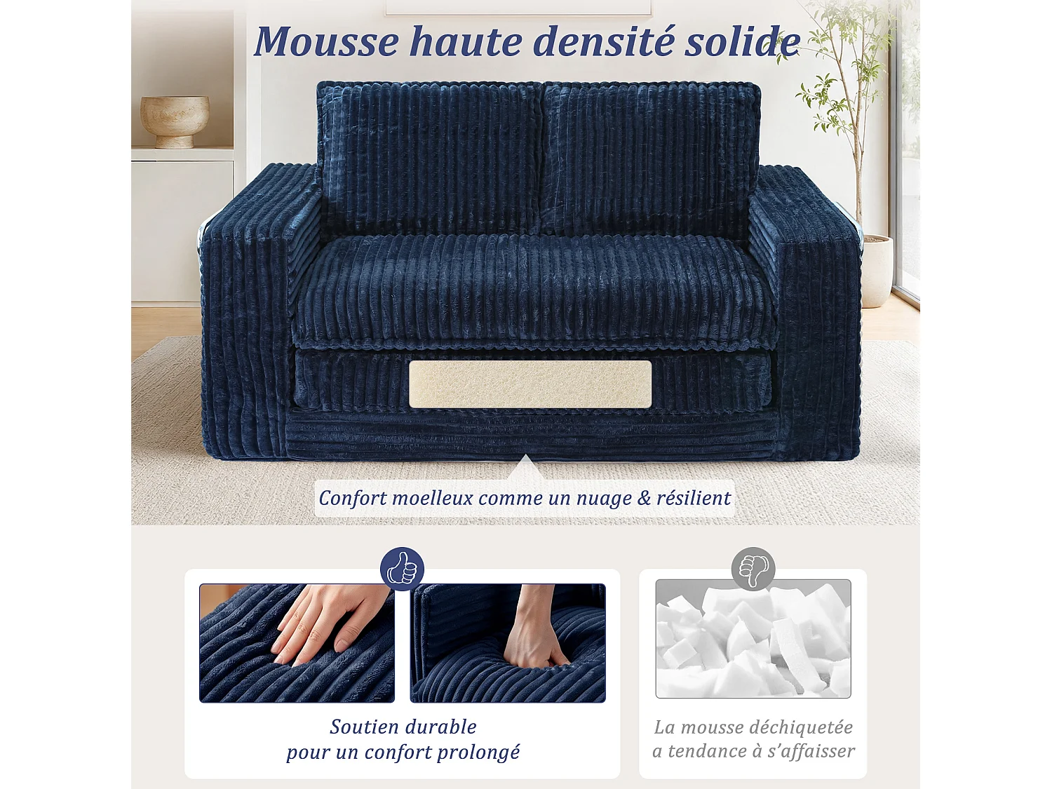 HomeMiYN Canapé convertible 2 places, canapé lit avec mousse haute densité, canapé confortable sans montage