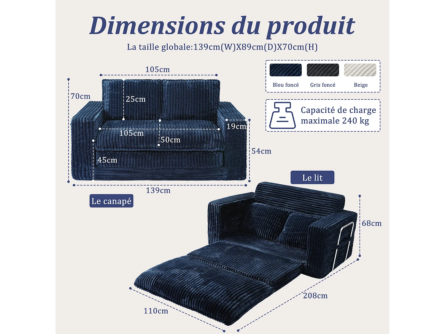 HomeMiYN Canapé convertible 2 places, canapé lit avec mousse haute densité, canapé confortable sans montage