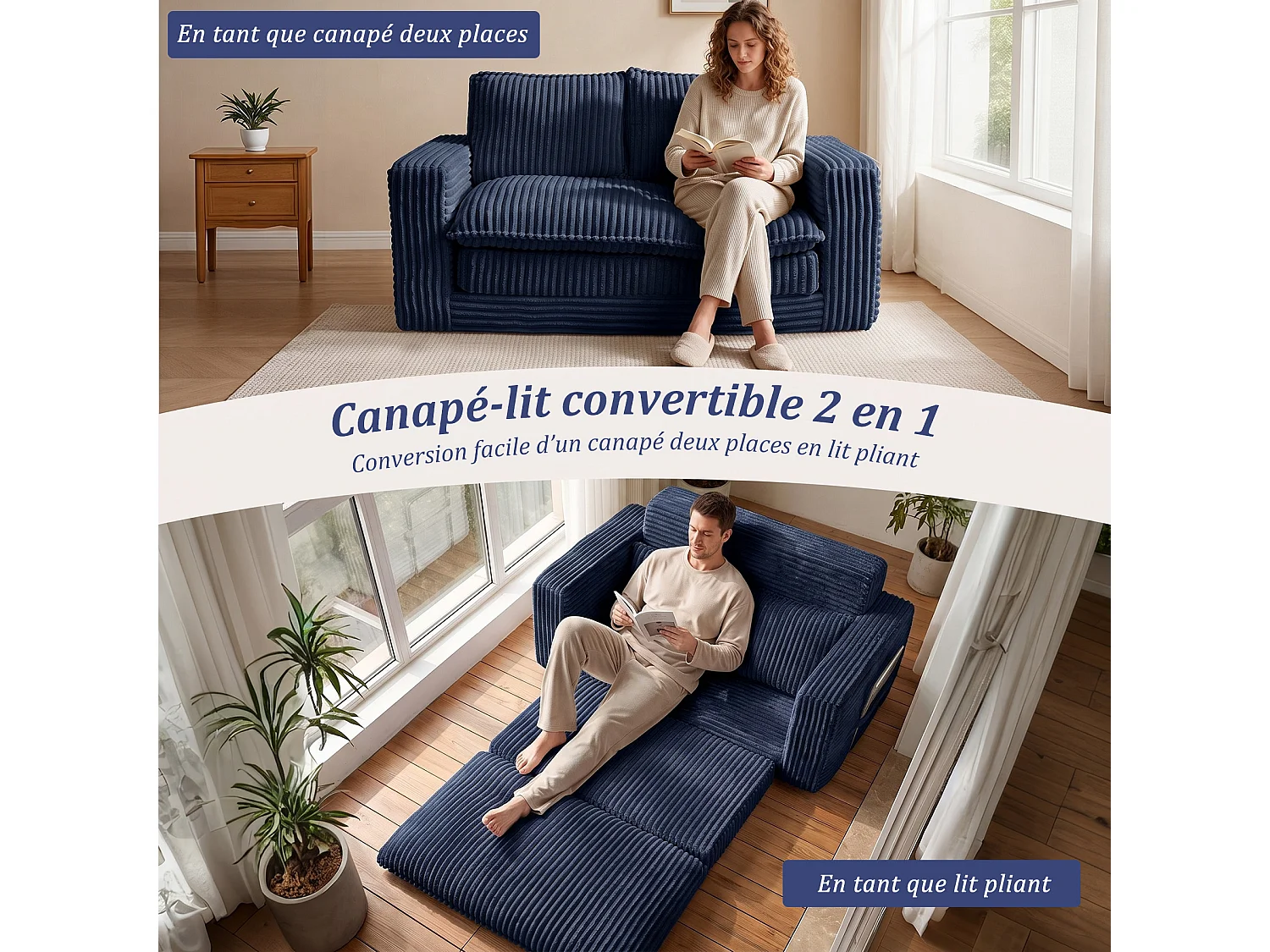 HomeMiYN Canapé convertible 2 places, canapé lit avec mousse haute densité, canapé confortable sans montage
