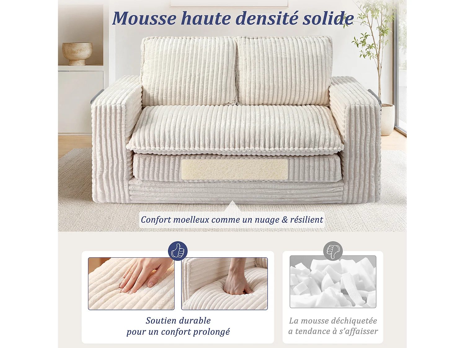 HomeMiYN Canapé convertible 2 places, canapé lit avec mousse haute densité, canapé confortable sans montage