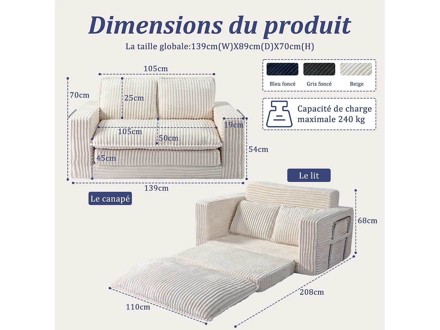 HomeMiYN Canapé convertible 2 places, canapé lit avec mousse haute densité, canapé confortable sans montage