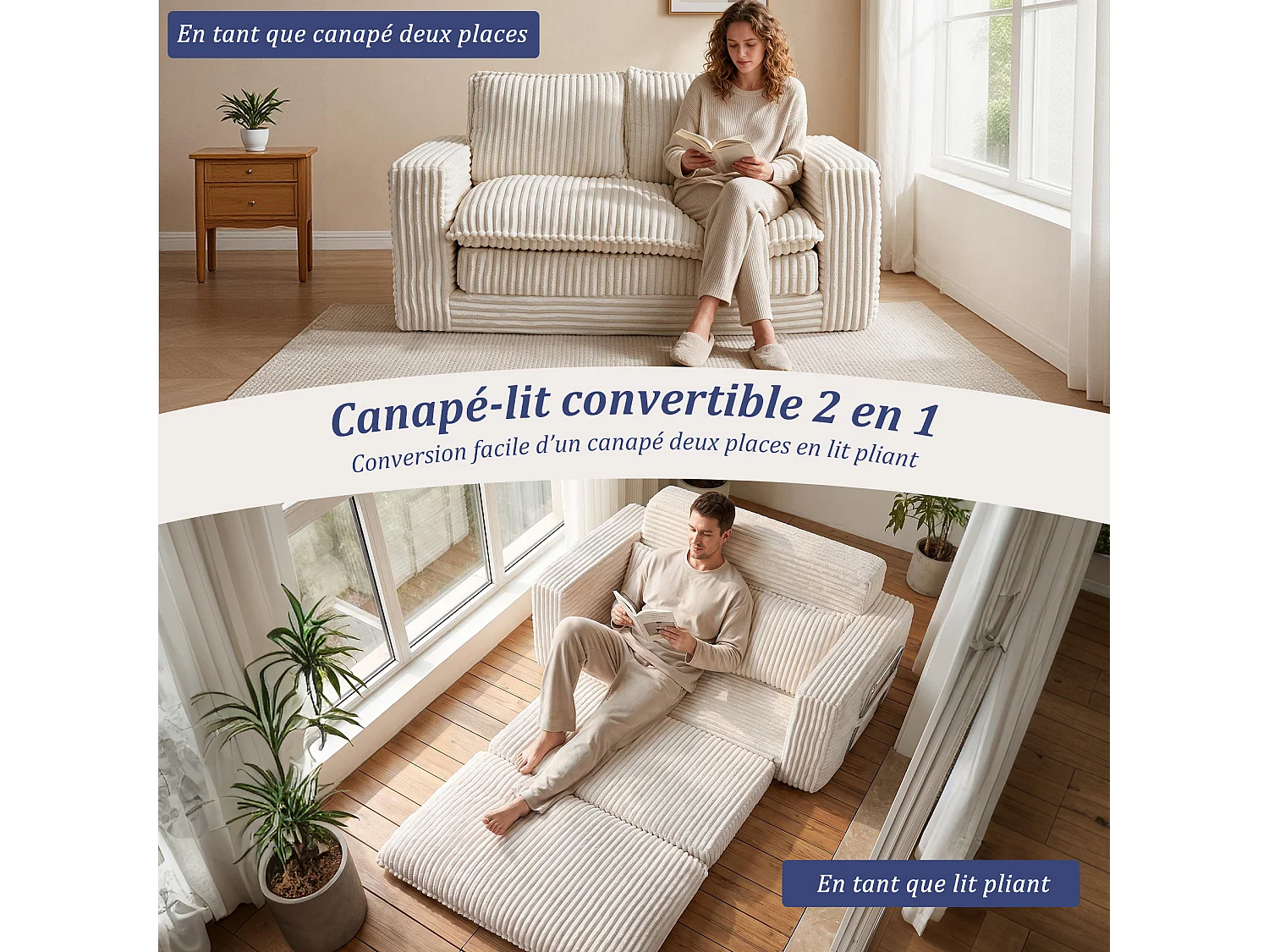 HomeMiYN Canapé convertible 2 places, canapé lit avec mousse haute densité, canapé confortable sans montage