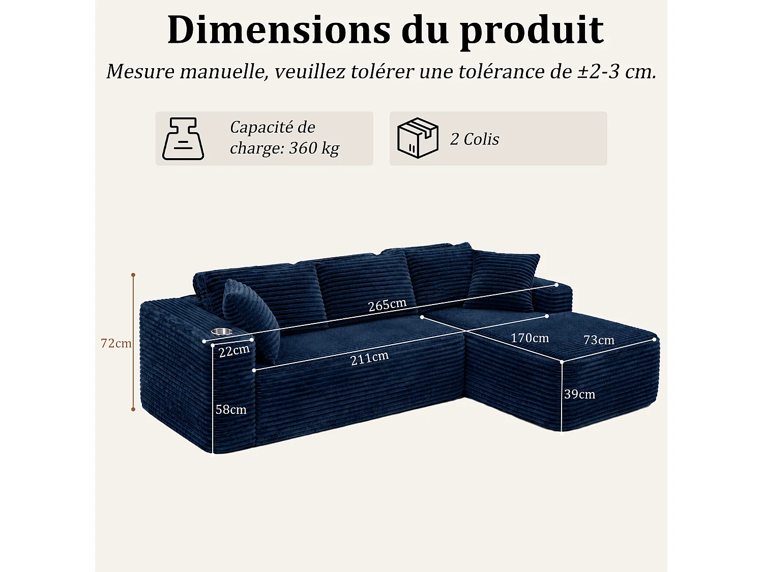 HomeMiYN Ecksofa, modulares Lounge-Sofa aus Cordstoff mit tiefer Sitzfläche