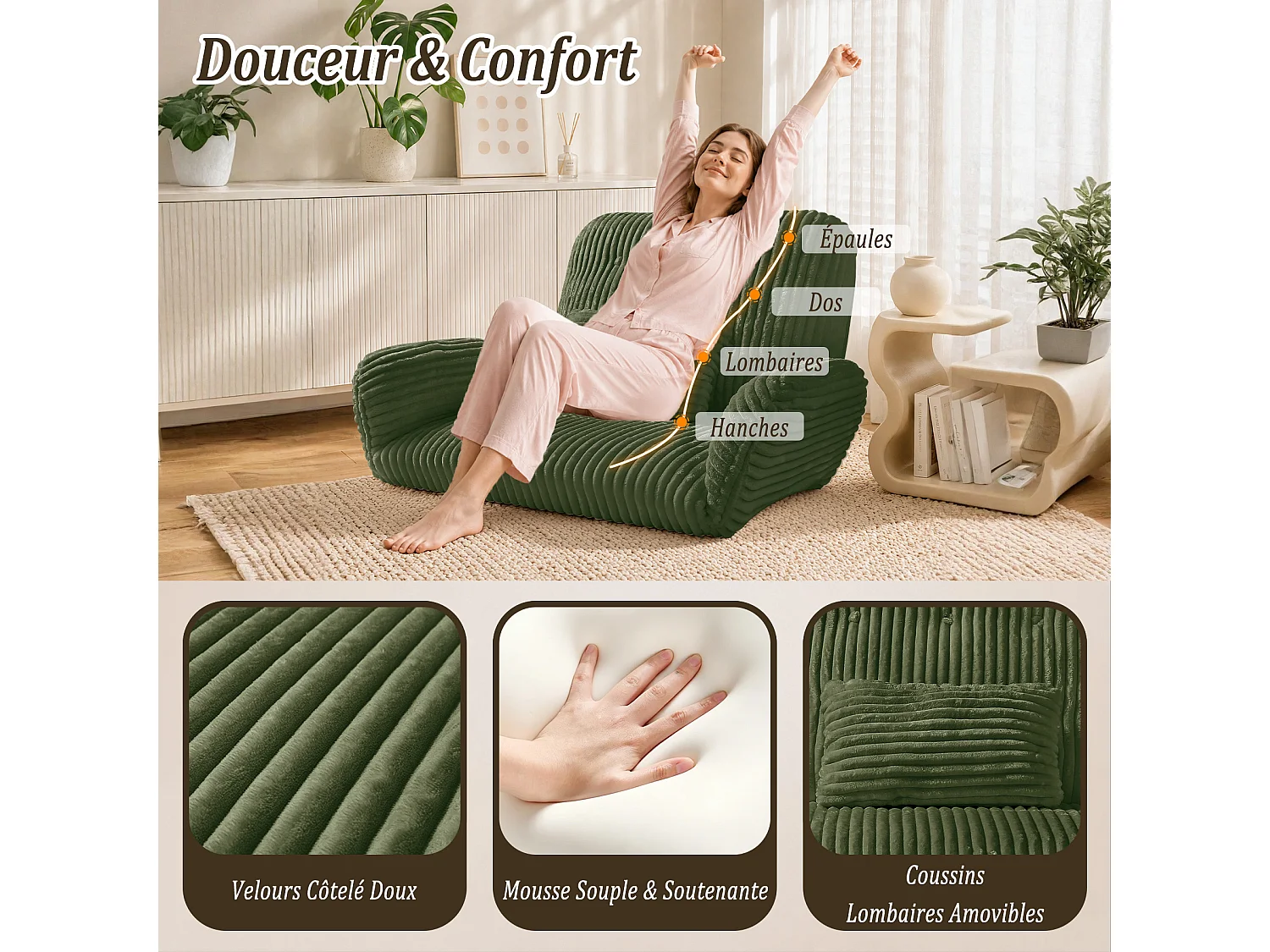 HomeMiYN 3-in-1 relaxbank met verstelbare rugleuning, omvormbare lounge bank tot chaise longue, zachte ribstof en hoogwaardig veerkrachtig schuim, comfortabele bank