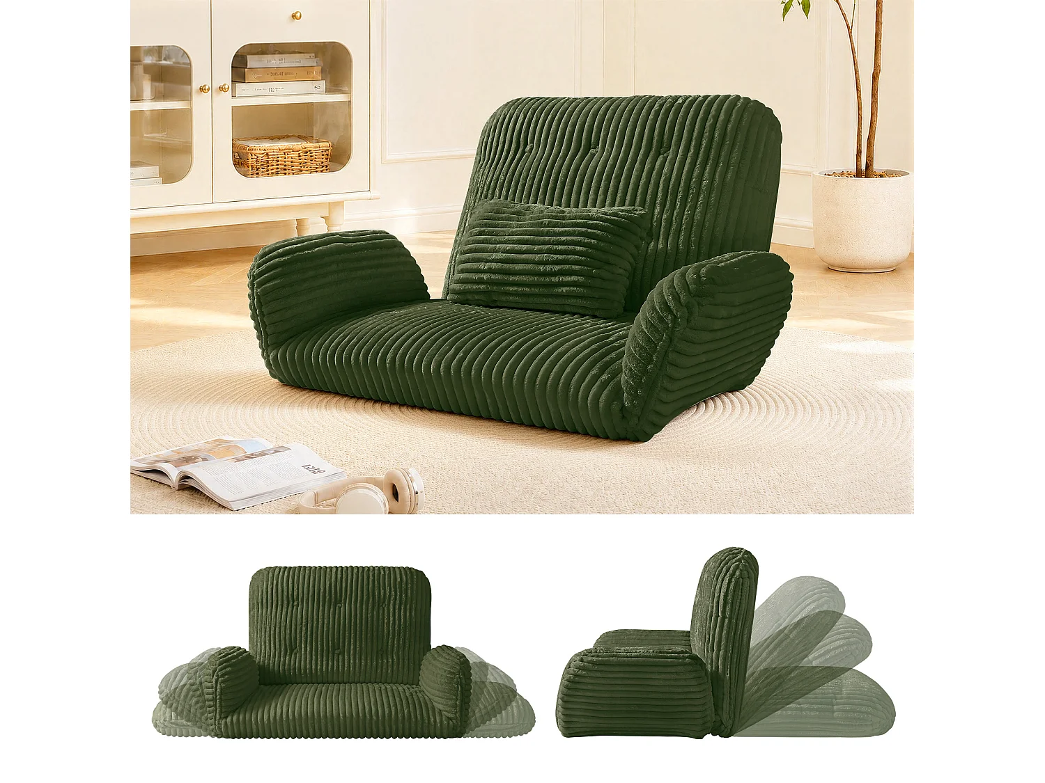 HomeMiYN 3-in-1 relaxbank met verstelbare rugleuning, omvormbare lounge bank tot chaise longue, zachte ribstof en hoogwaardig veerkrachtig schuim, comfortabele bank