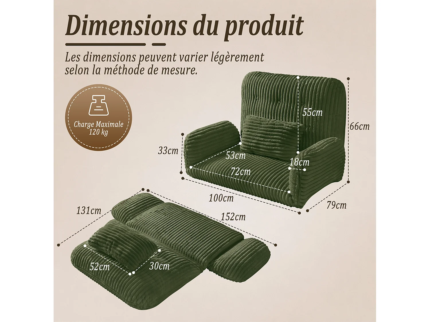 HomeMiYN 3-in-1 relaxbank met verstelbare rugleuning, omvormbare lounge bank tot chaise longue, zachte ribstof en hoogwaardig veerkrachtig schuim, comfortabele bank