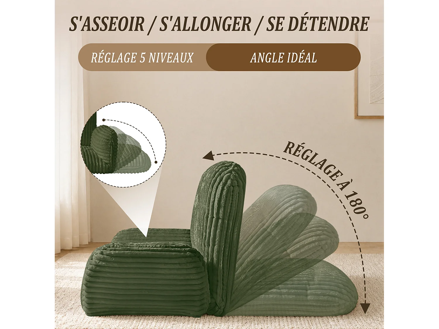 HomeMiYN 3-in-1 relaxbank met verstelbare rugleuning, omvormbare lounge bank tot chaise longue, zachte ribstof en hoogwaardig veerkrachtig schuim, comfortabele bank