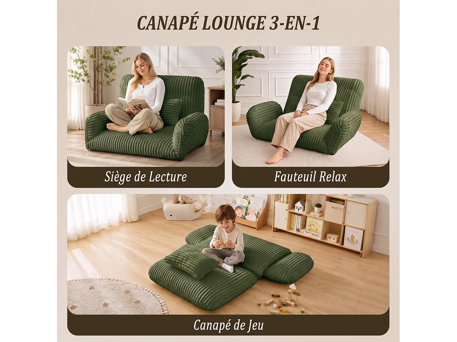 HomeMiYN 3-in-1 relaxbank met verstelbare rugleuning, omvormbare lounge bank tot chaise longue, zachte ribstof en hoogwaardig veerkrachtig schuim, comfortabele bank