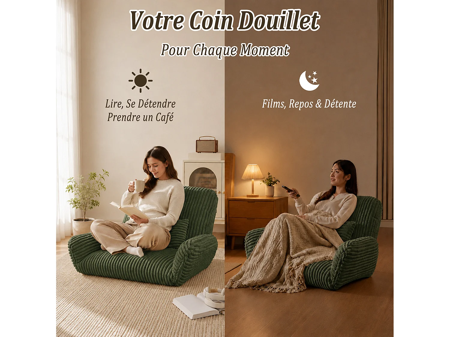 HomeMiYN 3-in-1 relaxbank met verstelbare rugleuning, omvormbare lounge bank tot chaise longue, zachte ribstof en hoogwaardig veerkrachtig schuim, comfortabele bank