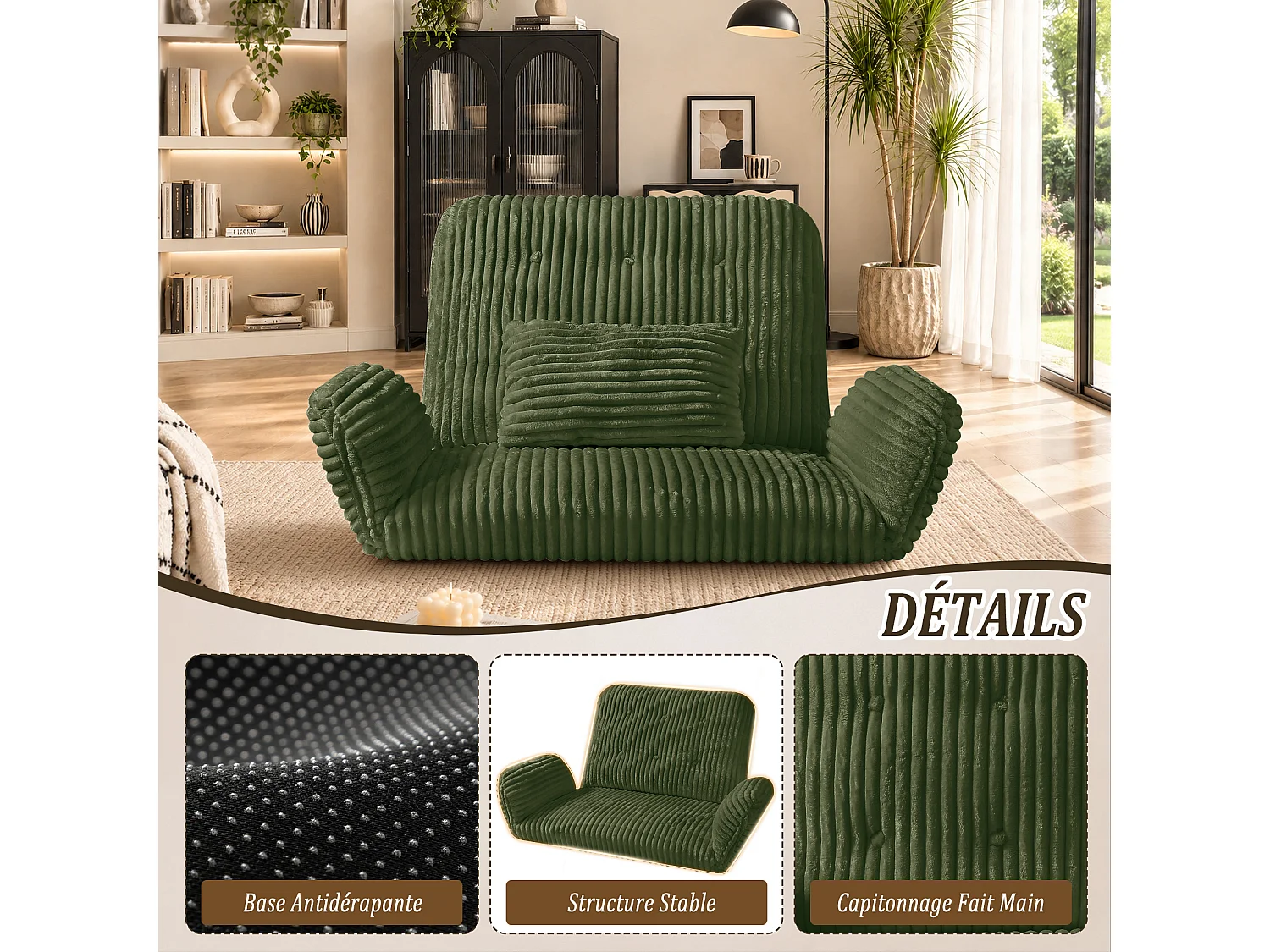 HomeMiYN 3-in-1 relaxbank met verstelbare rugleuning, omvormbare lounge bank tot chaise longue, zachte ribstof en hoogwaardig veerkrachtig schuim, comfortabele bank
