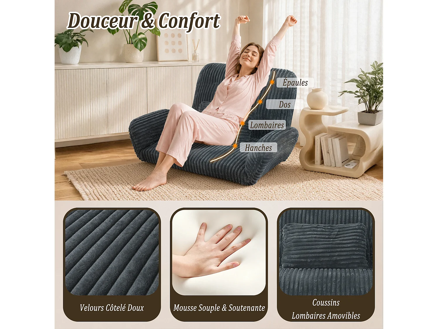 HomeMiYN 3-in-1 relaxbank met verstelbare rugleuning, omvormbare lounge bank tot chaise longue, zachte ribstof en hoogwaardig veerkrachtig schuim, comfortabele bank
