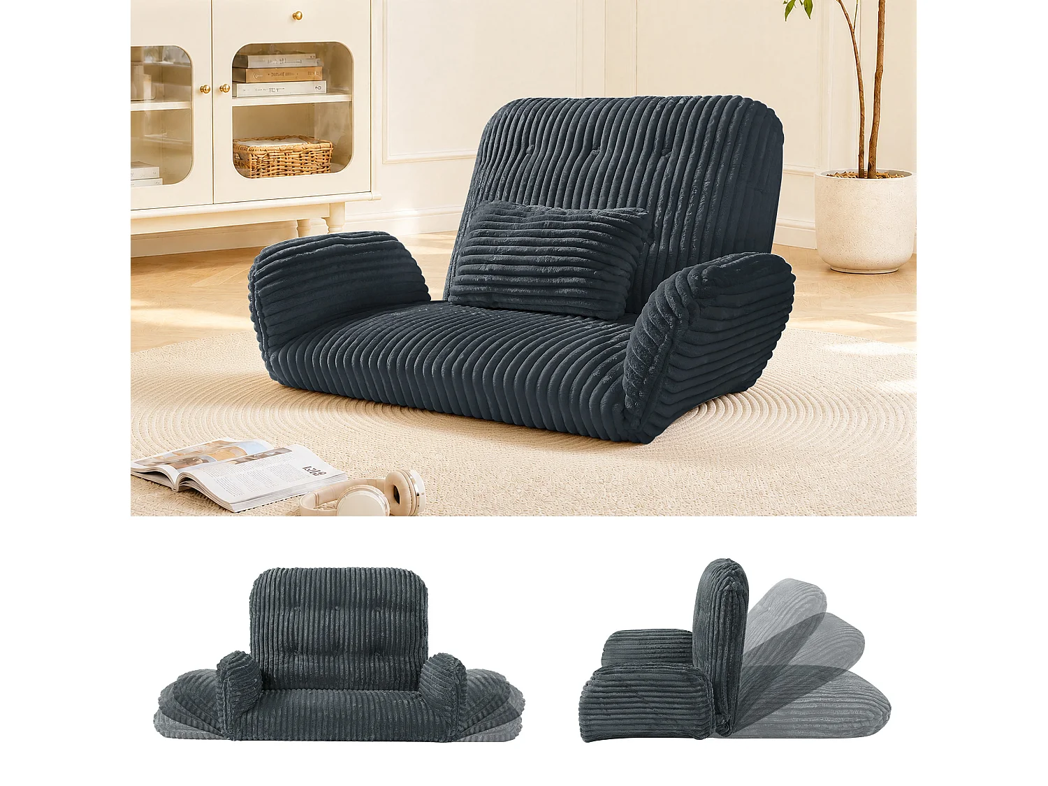 HomeMiYN 3-in-1 relaxbank met verstelbare rugleuning, omvormbare lounge bank tot chaise longue, zachte ribstof en hoogwaardig veerkrachtig schuim, comfortabele bank