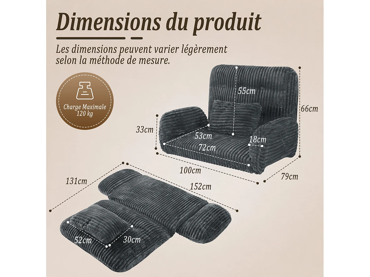 HomeMiYN 3-in-1 relaxbank met verstelbare rugleuning, omvormbare lounge bank tot chaise longue, zachte ribstof en hoogwaardig veerkrachtig schuim, comfortabele bank