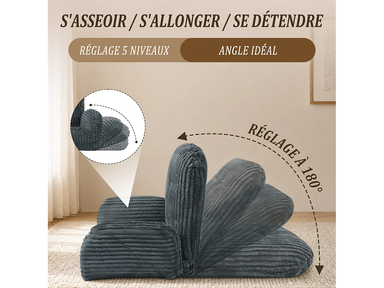 HomeMiYN 3-in-1 relaxbank met verstelbare rugleuning, omvormbare lounge bank tot chaise longue, zachte ribstof en hoogwaardig veerkrachtig schuim, comfortabele bank