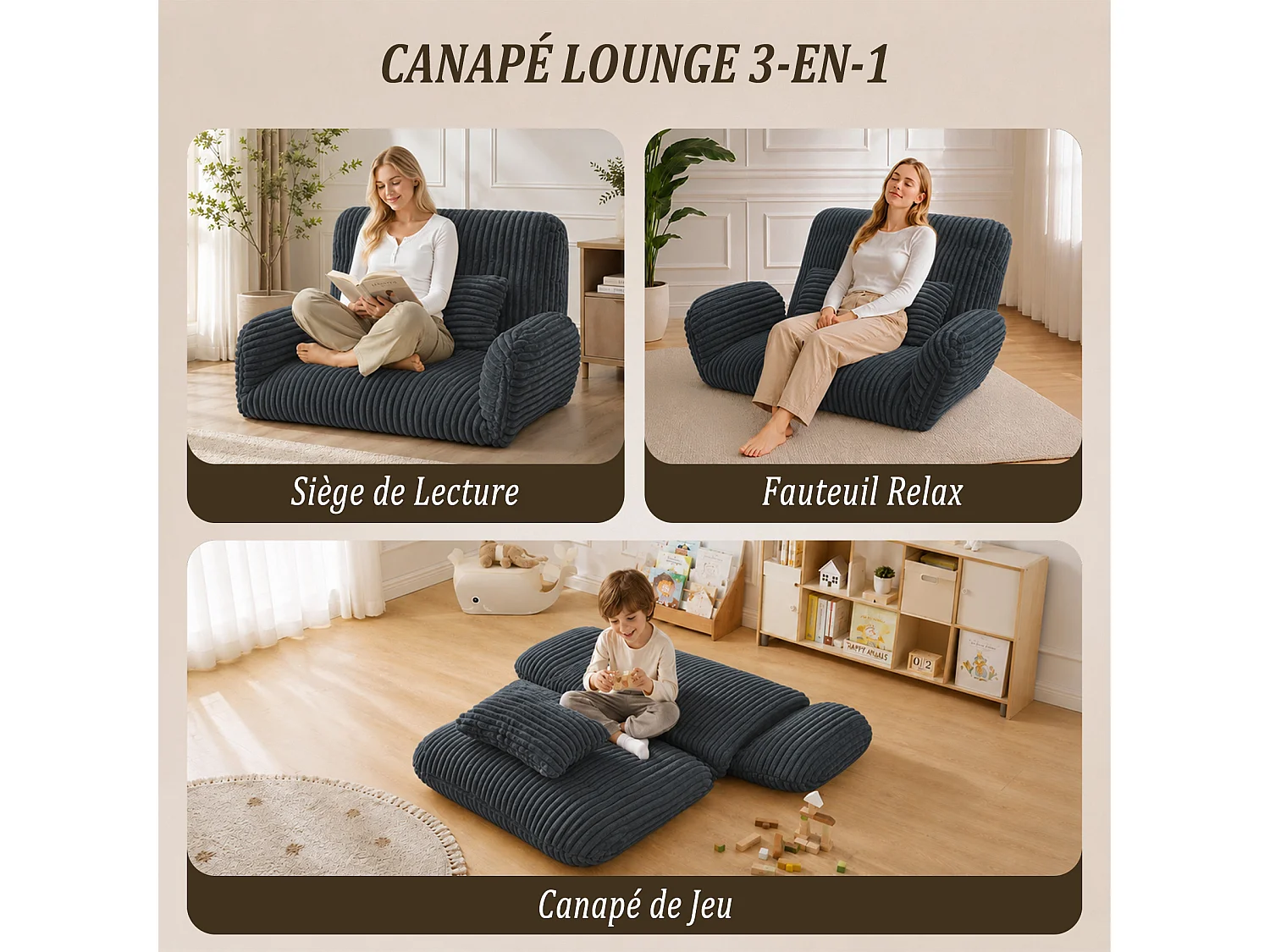 HomeMiYN 3-in-1 relaxbank met verstelbare rugleuning, omvormbare lounge bank tot chaise longue, zachte ribstof en hoogwaardig veerkrachtig schuim, comfortabele bank